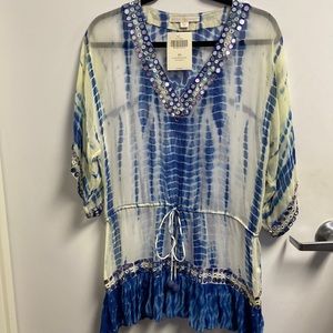 NWT Boston Proper Dye Mirrored Tunic Top Blue Multi XS Blouse V-Neck